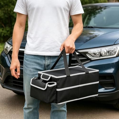 BREEZENEST Car Seat Organizer Foldable Storage Bag with Lid & Cup Holders Multi-Compartment Back Seat Organizer Durable Oxford Fabric Car Interior Accessories for SUV Truck RV Black — view 5