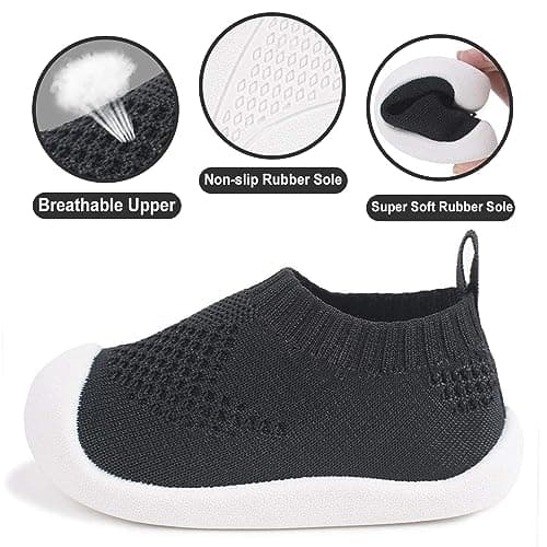 Baby boys Girls Walkers Infant Sneakers Yellow Size 3.5 Mesh Breathable Lightweight Toddler Casual Shoes Non Slip Cotton Flying Woven Fabric Mesh Slip-on Breathable Lightweight Trainers Black — view 6