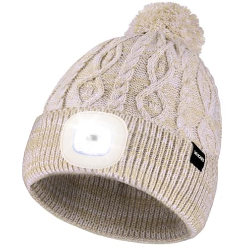 Wmcaps LED Beanie, Hat with a Light Built in Type-c Rechargeable Running Hat Ultra Bright 4 LED Light Hands Freely Head Torch Gifts for Dad Mum in Christmas Unisex Winter Warm Knit Beanie, Beige/White