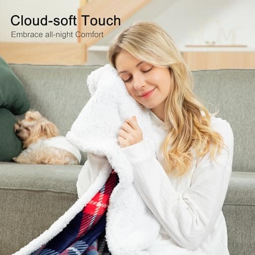 Winthome Double-Layered Sherpa Fleece Throw Blanket - Ultra Soft, Breathable & Warm Thick Blanket, Eco-Friendly Microfiber Blankets for Bed,Sofa Machine Washable Throw/Single Size Blue Check 130*170cm — view 2