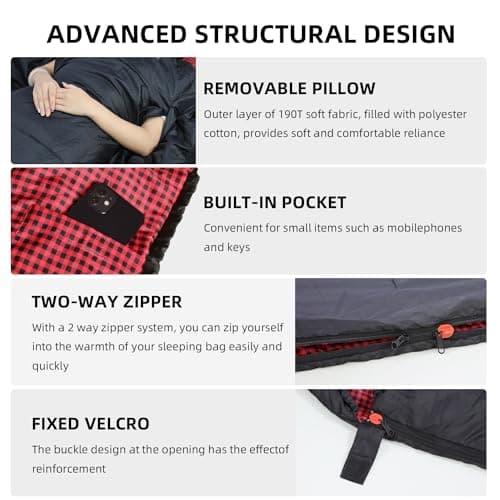 Peirhw XL Sleeping Bags for Adults - Extra Wide Rectangular 3 Season Sleeping Bag with Pillow and Carrying Bag, 300gsm Cotton Waterproof Camping Sleeping Bag for Indoor Outoor Use — view 6