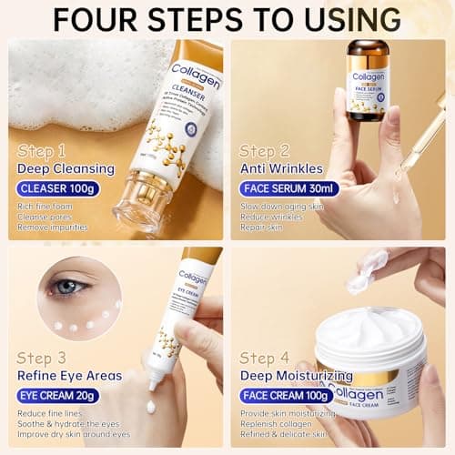 Collagen Skin Care Set, Anti Aging Skincare Set for Reduce Wrinkles, Shrink Pores, Smooth Fine Lines, Hydrating, 4 Pcs Travel Skincare Kits for Women with Cleanser, Serum, Cream, Eye Cream. — view 6