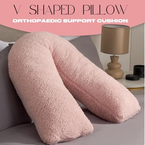 OHS Teddy Pillow V Shaped Blush Pink, Pregnancy Pillows for Sleeping Relaxing Super Soft Warm Comfy Pillow Snuggle V Shaped Cushion for Bed, 68 x 45 x 18cm — view 4