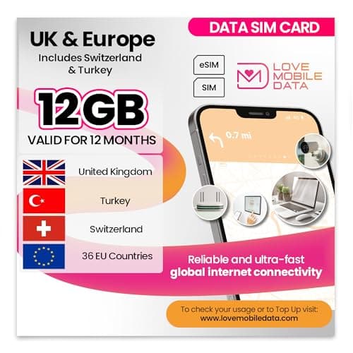 Love Mobile Data Only Sim Card - International Multi-Network 4G/5G Prepaid Data Sim for Mobile Phones, WiFi Routers & More, UK (O2, Three & Vodafone), Europe, Switzerland & Turkey - 12GB for 12 Months