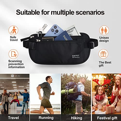 DAITET Money Belt - Passport Holder Secure Hidden Travel Wallet with RFID Blocking, Undercover Fanny Pack (Black) — view 5
