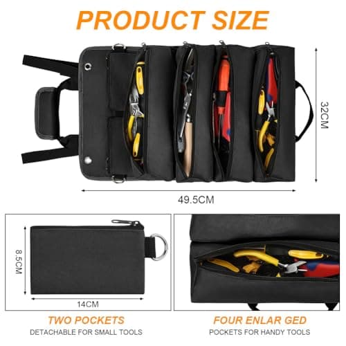 Adiwo Tool Bag, Foldable Roll Up Heavy Duty Bag Organizer, Tool Roll Pouch with 2 Detachable Tool Pouch, Multi Purpose Organizer for Mechanics, Great Gifts for Grandpa Dad Boyfriend, Black — view 2