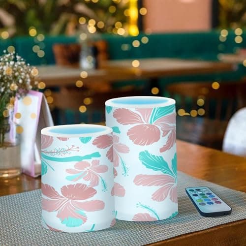 xigua Flameless Candles, Coral Teal Hibiscus Flickering LED Candles,2 Pack Battery Operated Candle with 18-Key Remote or Wedding, Table, Halloween, Christmas Decor — view 6