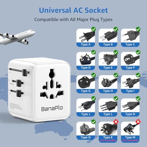 Banaplo Universal Travel Adapter, Worldwide Travel Plug Adapter with Extra US Socket, 2 USB-C and 2 USB-A Ports, All in One International Travel Adapter for UK, EU, USA, Australia etc. — view 3