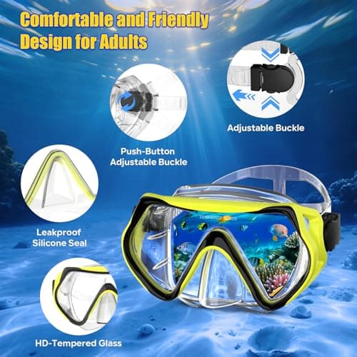 MELUMILU Snorkel Set, Snorkel Mask 180° Panoramic Wide View, Anti-Fog Scuba Diving Gear, Professional Swim Goggles for Free Breathing, Swim, Diving, (Clear Yellow) — view 2