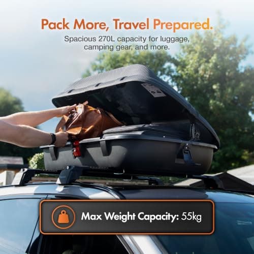 VonHaus Car Roof Box 270L – Weather Resistant Storage Carrier with Carbon Fibre Effect Finish & UV Resistant – 9.5 Cubic Feet with Central Locking System & Universal Fixing for Travel & Luggage — view 3