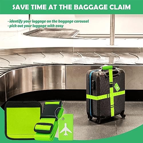 Yauhar 6Pcs Travel Suitcase Accessories Set Contains Silicone Luggage Bag Tags and Luggage Straps and Detachable Handle Covers, Wide Adjustable Packing Belt for Women Men (Green) — view 6