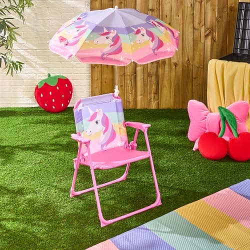 OHS Kids Camping Chair Unicorn, Kids Beach Chair with Umbrella Lightweight Comfy Steel Frame Folding Childrens Camping Chairs Perfect for Camping Trips Beach Garden, Pink — view 2