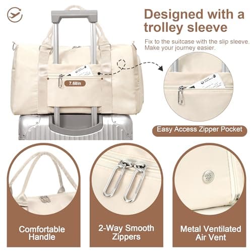 FIORETTO Womens Gym Sports Bag Travel Bag with Shoes Compartment & Wet Pocket, Weekend Overnight Duffle Hospital Bag Carry On Bag Holdall for Travel Swimming Beige — view 4