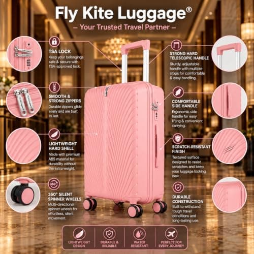Fly Kite Luggage 24 Inch Medium Suitcase 100% Polypropylene Hard Shell with Aluminium Trolley Handle Real TSA 3 Digit Secure Lock 360° Smooth Wheels Lightweight Suitcase|Light Pink — view 6