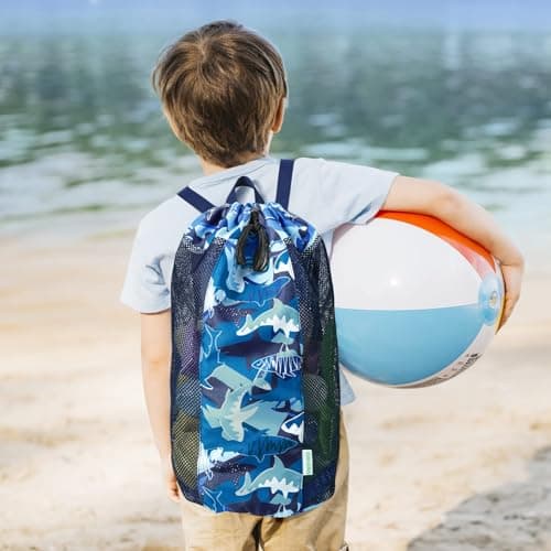 WAWSAM Shark Large Mesh Beach Bag for Kids, Kids Drawstring Beach Backpack for Boys, Tote Mesh Beach Toys Bag, Swim Pool Toys Balls Storage Bags Gym Bag, Beach Toy Shells Organizer — view 6