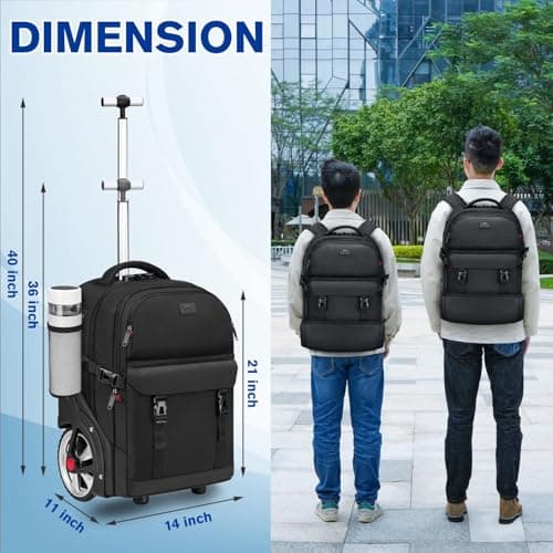 MATEIN Backpack with Wheels, 17 inch Travel Rucksack on Wheel, Black — view 6