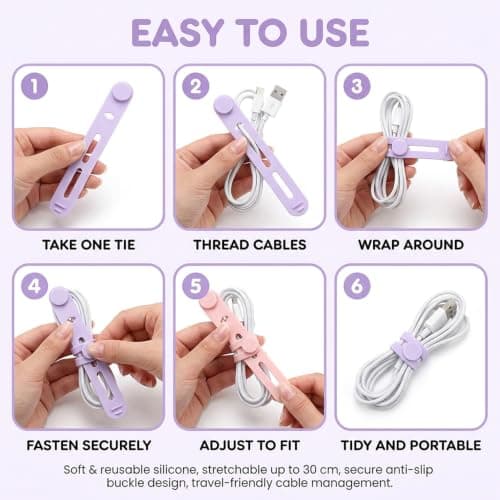12-Pack Reusable Silicone Cable Ties, Flexible Wire Organizers for Cables, Chargers and Small Items, Durable Cord Management Storage Ties for Home Office and Travel Use — view 4