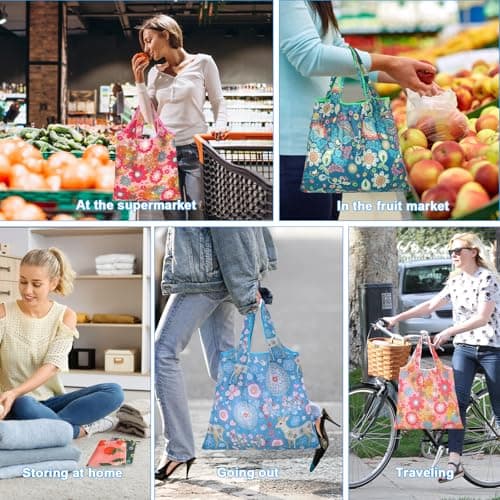 6 Pack Foldable Reusable Shopping Bags,Tote Bags, Grocery Bags with Hook, Eco-friendly Travel Recycle Shopping Bags in Pocket, Waterproof and Machine Washable for Daily Shopping Supplies load — view 2