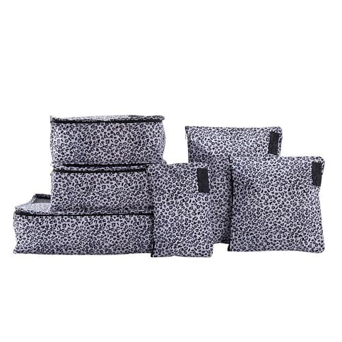 Periea Lucy Packing Cubes for Suitcases & Carry on Hand Luggage – Set of 6 Travel Packing Organisers – 6 Colours (Silver Leopard)