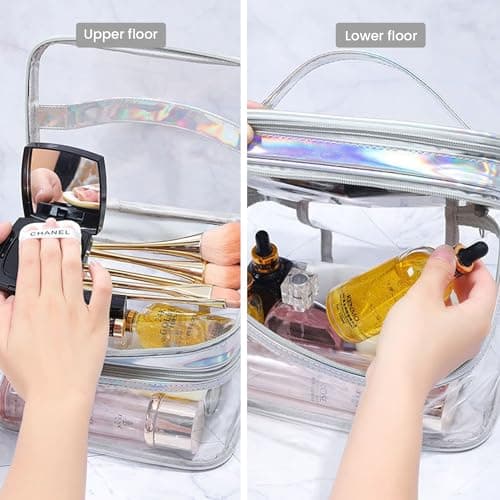 Clear Travel Toiletries Bag, Waterproof Toiletry Bags for Women and Men, Double- Layer Clear Makeup Bag with Handle,PVC Cosmetic Bag, Travel Accessories Wash Bag for Travel and Holiday (Silver) — view 5