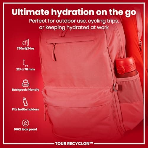 ION8 Sports Water Bottle, 750 ml/24 oz, Leak Proof, Easy to Open, Secure Lock, Dishwasher Safe, BPA Free, Flip Cover, Carry Handle, Soft Touch Contoured Grip, Easy Clean, Odour Free, Red — view 2