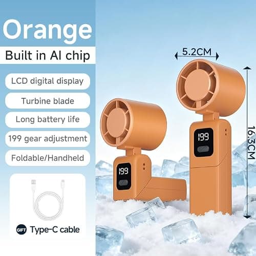 WJCYYDS Hand Held Fan,Portable Handheld USB Rechargeable Fans with 199 Speeds,Battery Operated Mini Fan Foldable Desk Desktop Fans with LED Display for Home Office Bedroom Outdoor Travel (Orange) — view 2