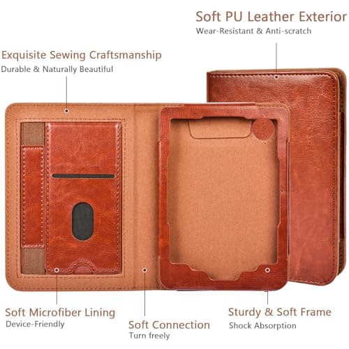 E NET-CASE Case for 6 Inch Kobo Clara BW (2024) / Kobo Clara Colour (2024) / Kobo Clara 2E (2022) eReader - Premium PU Leather Protective Case Auto Sleep/Wake with Card Slot & Hand Strap Black (Brown) — view 4
