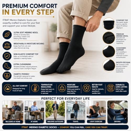ITRAT® Men's Diabetic Merino Wool Thermal Heated Extra Warm Socks 2.4TOG (-25°C resistant) - Hiking, Walking, Thermal, Athletic, Outdoor Winter Socks (One Pair) — view 4
