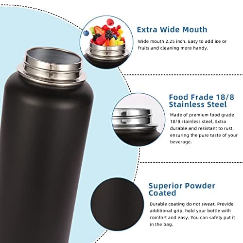 Volhoply 1 Litre Insulated Water Bottle with Straw Lid and Spout Lid,Stainless Steel Sports Water Bottle,Double Wall Vacuum Tumbler,Leakproof Metal Flask with Wide Mouth for Hiking,Camping(Black,1) — view 4