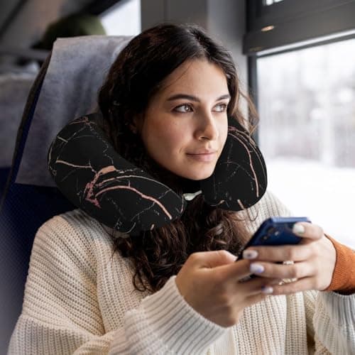 AUGUSTRUSH Memory Foam Neck Pillow - Travel Pillow With Adjustable Clasp, Removable Washable Cover For Airplane Office Car, Ergonomic Support Comfortable U-Shaped Pillow, Black Rose Gold Marble Print — view 5