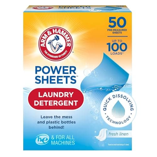 Arm and Hammer Power Laundry Detergent, Fresh Linen Laundry Sheets 50ct, up to 100 Small Loads, Ultraconcentrated Washing Detergent for deep clean, Laundry Detergent for Washing Machine