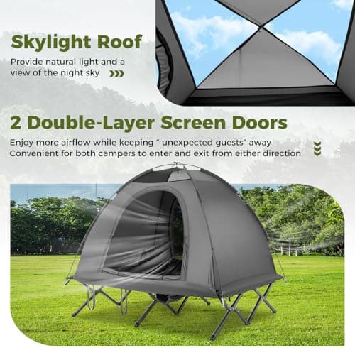 COSTWAY 2 Person Foldable Camping Tent, Elevated Tent Cot with Camping Bed, Waterproof Rainfly, 2 Mesh Doors and Wheeled Bag, Portable Outdoor Dome Tent (Round, Grey, 194 x 145 x 150 cm) — view 4