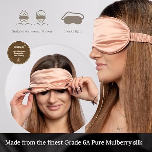 SILKSLEEK Eye Mask for Sleeping, 22 Momme Pure Mulberry Silk Sleep Mask Filled with 100% Pure Silk, Travel Essentials, Super Soft & Comfortable Blackout Eye Mask in Gift Box… (Rose Gold) — view 5