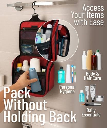 D&D Hanging Toiletry Bag for Men and Women. Travel Wash Bag. Large Travel Toiletry Bag Washbag for Makeup, Toiletries, and Cosmetics. Red — view 6