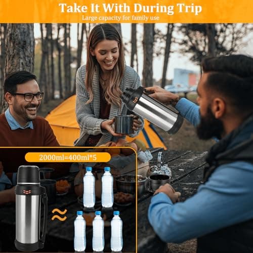 Flask for Hot Drinks, 2L Stainless Steel Vacuum Insulated Flask for Hot and Cold Drinks Coffee, Large Capacity Leakproof Hot Water Bottle with Telescopic Handle for Outdoor Travel Hiking Camping — view 5