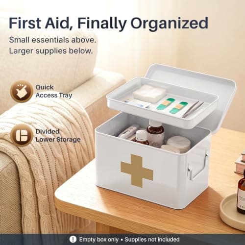 Flexzion Metal First Aid Box Empty, 8.5 Inch White Vintage First Aid Storage Box, First Aid Tin Container with Dividers, Removable Tray, Side Handles and Gold Cross Logo — view 2