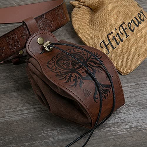 HiiFeuer Medeival Faux Leather Pouch, Portable Drawstring Purse, Vintage Belt Pouch Dice Bag for LARP Ren Faire (Phoenix Brown) — view 4