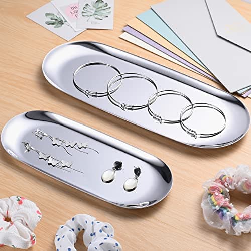 Set of 2 Multi-Purpose Oval Stainless Steel Tray – Mirror-Polished,Jewelry & Perfume Storage, Bathroom Organizer, Coffee Table Tray, Candle Display, 23cm x 9.5cm, Silver — view 3