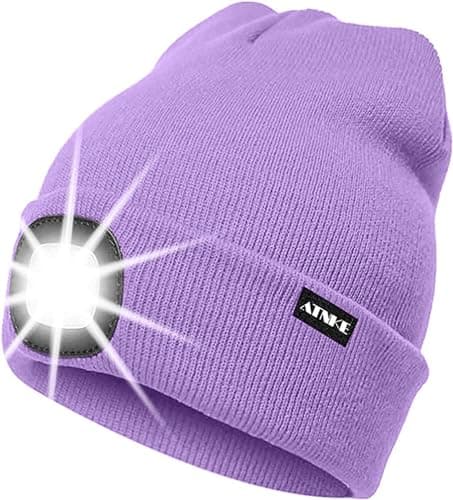 ATNKE LED Lighted Beanie Cap,USB Rechargeable Running Hat Ultra Bright 4 LED Waterproof Light Winter Warm Gifts for Men and Women/Taro Purple