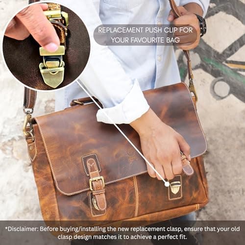 Leather Bag Replacement Push Clip Clasp Lock - Quick Release Metal Fasteners Buckles for all Satchel, Messenger, Briefcase, Brown Clip With White Stitching, One size — view 5