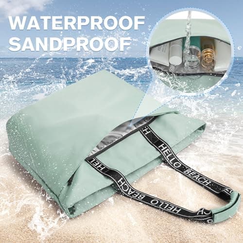 G4Free Beach Tote Bag Waterproof Sandproof Shoulder Bag Beach Bag Large Sports Bag Shopping Bag for Women, light green — view 3