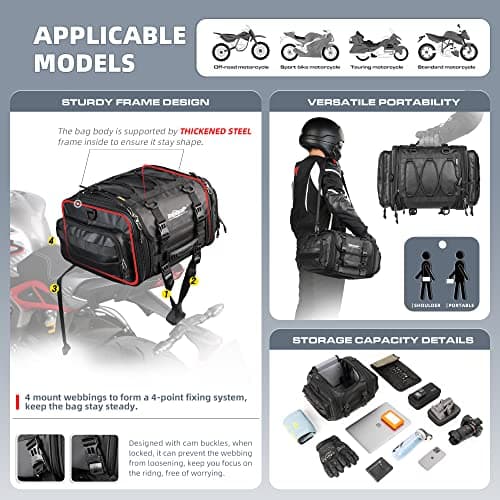Rhinowalk Motorcycle Tail Bag Expandable 19-26L Motor Travel Luggage Motorbike Rear Rack Trunk Storage Bag with Waterproof Rain Cover Motorcycle Accessories,Black — view 2