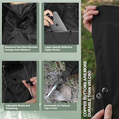 Andake Rain Poncho Lightweight Raincoat Unisex Rain Jacket with Waterproof Hood for Camping, Hiking, Outdoor Activities (Black) — view 6