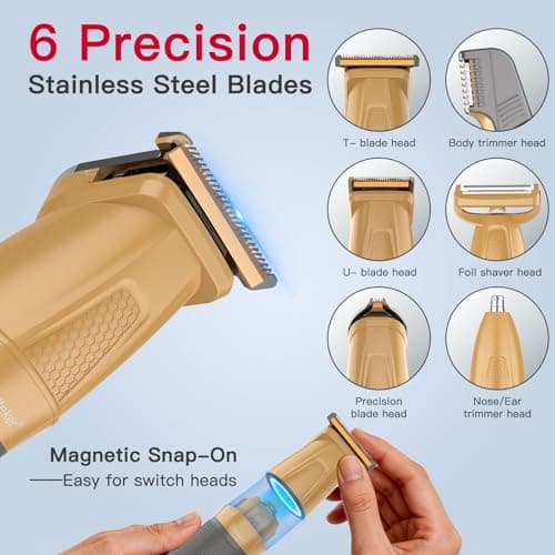 Hatteker Men's Hair & Beard Trimmer 6-in-1 Kit Precision Clipper Body Trimmer with Magnetic Attachments, Adjustable Length Waterproof (Gold) — view 2