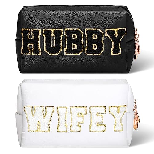 Pinkunn 2 Pcs Wifey Hubby Makeup Bag Bride Patch Cosmetic Bag Mrs Travel Toiletry Purse White Letter PU Leather Waterproof Pouch Wedding Bridal Shower Honeymoon Gift for Women Party Organizer