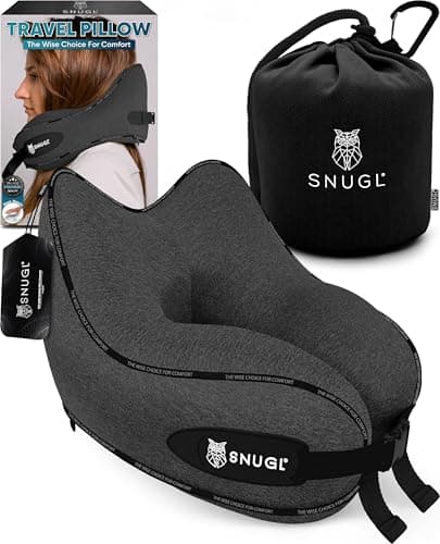 SNUGL Travel Pillow – Memory Foam Neck Pillow for Travel – Support Cushion for Airplane with Carry Bag & Clip - Holiday Essentials (Dark Grey - Adult Regular)