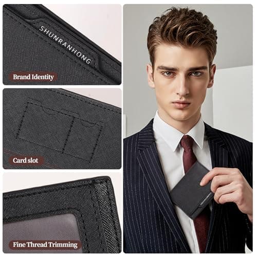 Men's Wallet, RFID Blocking Cross-Grain Leather Wallet with ID Window Card Holder, Business Travel Men's Wallet, Gift Wallet, Scratch-Resistant Synthetic Leather Wallet, Lightweight Daily Carry Walle — view 2