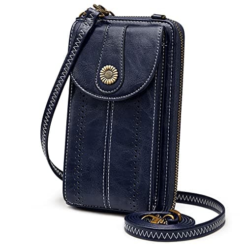 S-ZONE RFID Blocking 6.7 Inch Mobile Phone Purse Crossbody Bag Small PU Leather Cellphone Wallet Retro Hollow for Women Lady