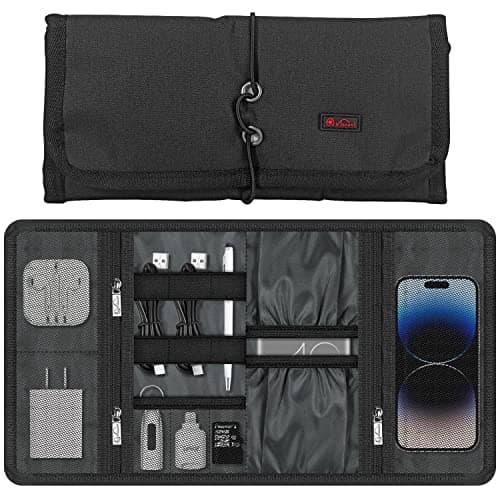 Vinsani Roll Up Accessories Universal Travel Organiser Easy Carry Portable Foldable Make Up Cable Charger Earphones USB SD Card Electronics Essentials Carrying Case – Black