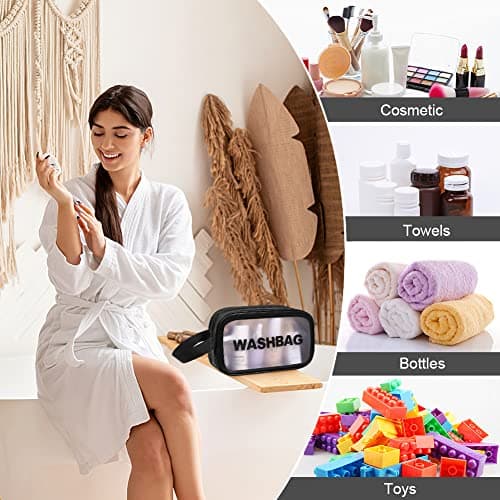 Aucuu 3PCS Clear Toiletry Bag, Wash Bag, Clear PU Makeup Bags, Waterproof Toiletry Travel Bags with Zipper Handle, Portable Airport Cosmetic B-ag for Travel Bathroom Men Women (Black) — view 6